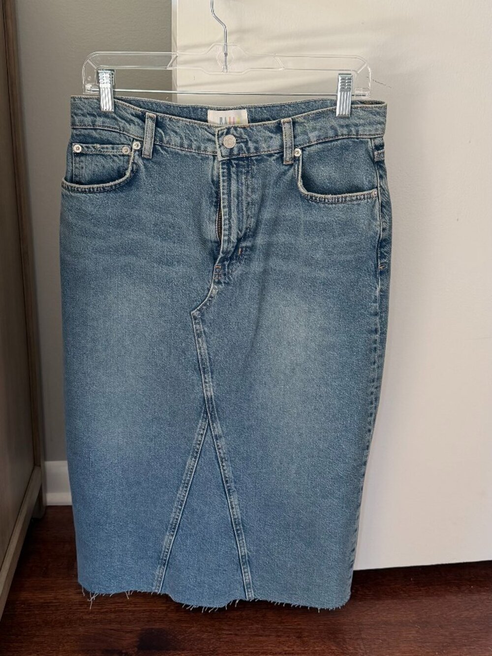 Rails Denim Midi Skirt Size 28 | Light Wash 100% Cotton Back Slit Raw Hem